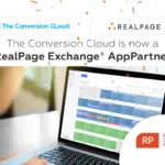 A person looking at a computer screen displaying a calendar with numerous appointments scheduled with confetti, The Conversion Cloud log, and the RealPage Exchange logo