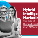 Embracing Hybrid Intelligence: The Role of Human Expertise in an AI World blog image with a marketing agency team of two woman and one man