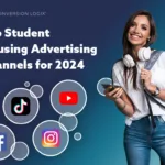 Female student wearing a backpack and headphones around her neck, hold a cell phone and smiling next to TikTok, Facebook, Instagram, and YourTube logos under the blog title, "Top Student Housing Advertising Channels for 2024"